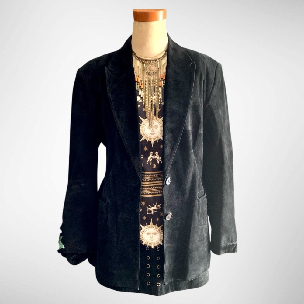 Lord & Taylor Petite Black Suede Blazer with Structured Shoulders Pockets- PL